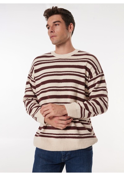Mustang Erkek Kahve - Bej Bisiklet Yaka Loose Fit Çizgili Kazak M4wm-kzk-1622