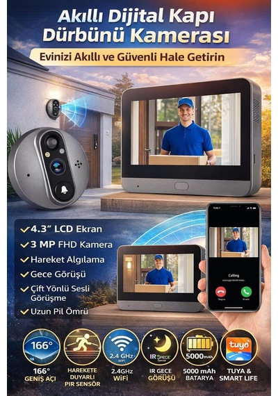 Akıllı Kapı Dürbünü Kamerası 4.3 Inç Ekranlı Gece Görüşlü Pir Sensörlü Tuya Smart Wifi 3 Mp İç Mekan