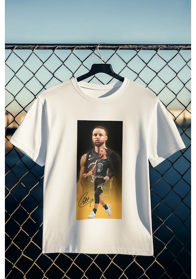 Stil X Stephen Curry Baskılı Tshırt, %100 Pamuklu Nefes Alan Kumaş Beyaz-4