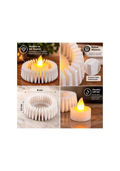 4 Lü Modern Dekoratif Led Mumluk Seti 3d Baskı Yuvarlak Tasarım, 4 Adet Pilli Led Mum Hediyeli, Beyaz Açık