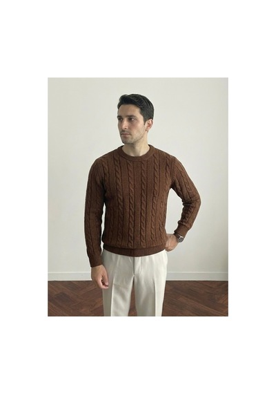 Cool Tarz Erkek Bisiklet Yaka Slim Fit Saç Örgülü Triko Kazak Kahverengi Kahverengi