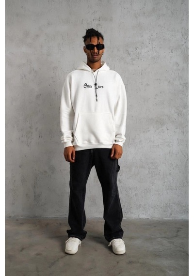 Valensdesign Oversize Üç İplik Şardonlu Kapüşonlu Sweatshirt Beyaz Other Lives Ön Ve Arka Baskılı, Kanguru Ce