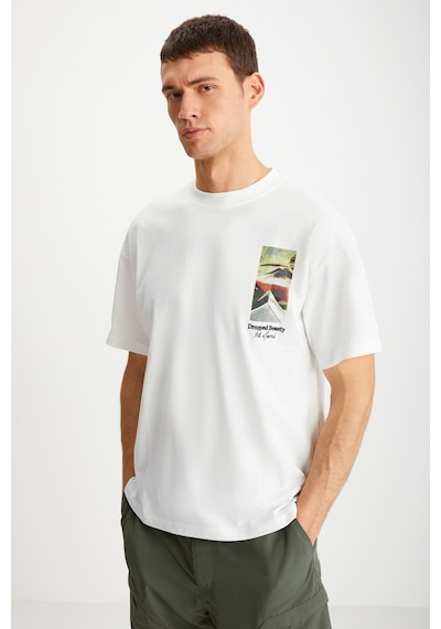 Grimelange Kravın Erkek %100 Pamuk Bisiklet Yaka Baskılı Ekru T-shirt