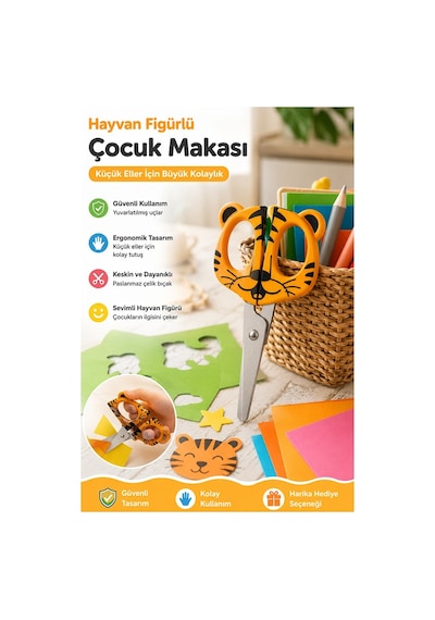 Kaplan Figürlü Makas 1 Adet Bubu Küt Uç Korumalı Okul Makası Çocuk Kağıt Makası Okul Öncesi Kreş Ana Sınıfı