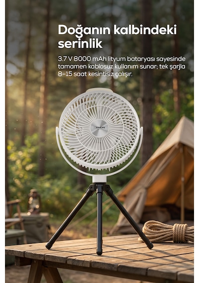 Taşınabilir Kamp Vantilatörü 8000 Mah, Bataryalı, Tripodlu, Işıklı, Sessiz X7434-beyaz