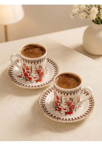 Çiçek Desenli Türk Kahvesi Fincan Takımı 2 Kişilik, Vintage Kahve Fincanı Seti Kiremit
