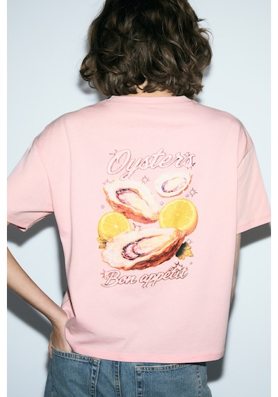 Grımelange Tılorıa Kadın Organik Pamuklu Baskılı Bisiklet Yaka Regular Fit Somon T-shirt Somon