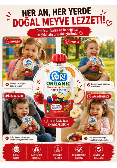 Organic %100 Organik Meyve Püresi Çilek Muz Elma 100 G İlave Şekersiz
