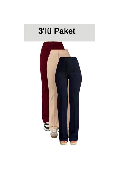 Krep Kumaş Likralı Kadın Palazzo Pantolon 3'lü Set Çok Renkli