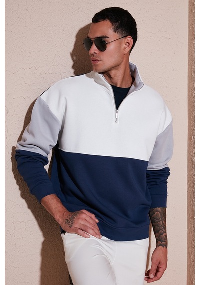 Buratti Renk Bloklu Regular Fit Yarım Fermuarlı Dik Yaka Erkek Sweat 5905719 Indigo