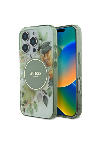 Apple iPhone 16 Pro Uyumlu Kılıf Guess Lisanslı Magsafe Şarj Özellikli Flower Tonal Circle Yeşil