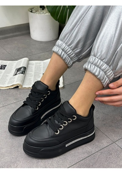 Erva'nın Butiği Siyah Cilt Miles Taş Detay Yüksek Taban Bağcıklı Sneakers-5636