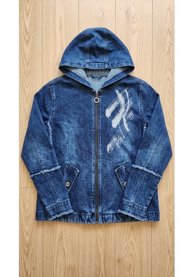 Büyük Beden Kapüşonlu Fermuarlı Baskılı Yan Cepli Denim Kadın Ceket Mavi