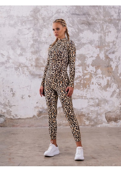 Lismina Sarı Leopar Desen Uzun Kollu Spor Tayt Tulum