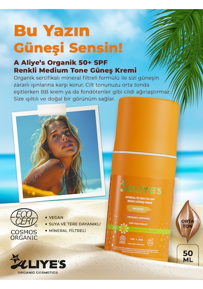 A Aliye's Mineral Filtreli Spf 50+ Renkli Organik Güneş Kremi Orta Ton 50 ML