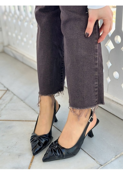 Ervanın Butiği Siyah Kırışık Deri Bow Fiyonk Detay Kadın Stiletto-6093