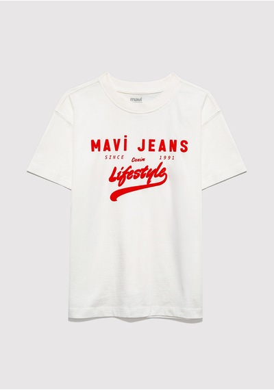 Mavi - Mavi Jeans Baskılı Ekru Tişört 6610474-32158
