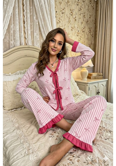 Bella Notte Mevsimlik Uzun Kollu Fiyonk Baskılı Uzun Pijama Takımı Pembe