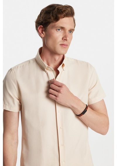 Tudors Erkek Slim Fit Dar Kesim Kısa Kollu Spor Yaka Oxford Doku Pamuklu Bej Gömlek-34363 Bej