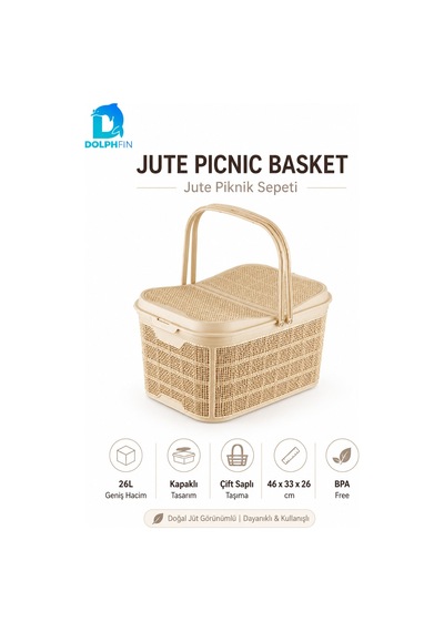 Jute Piknik Sepeti 26 L Çok Amaçlı Saklama Taşıma Sepeti Çamaşır Oyuncak Düzenleyici Bej