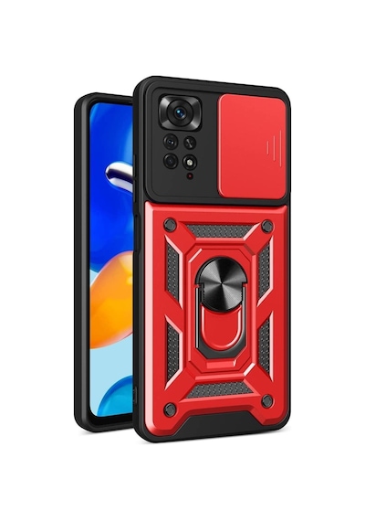 Fibaks Redmi Note 11/11s Uyumlu Kılıf Kamera Korumalı Sürgülü Yüzüklü Armor Military Tank Kırmızı