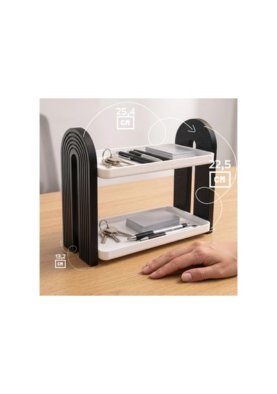 İki Katlı Masa Üstü Organizer - Art Deco Tasarım, Siyah/beyaz