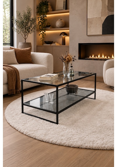 Teknor Füme Camlı Siyah Orta Sehpa Çift Raflı Modern Tasarım 90 50 46 Cm