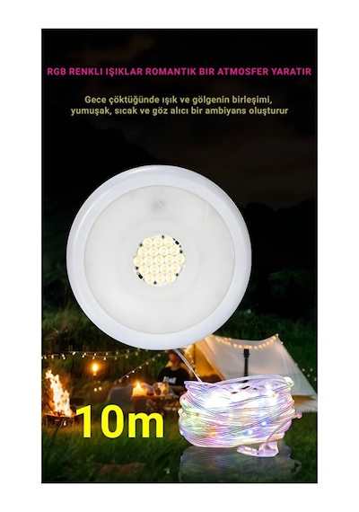 10 Metre Rgb Kamp Lambası - Solar Panelli Powerbank Özellikli Su Geçirmez Uzaktan Kumandalı