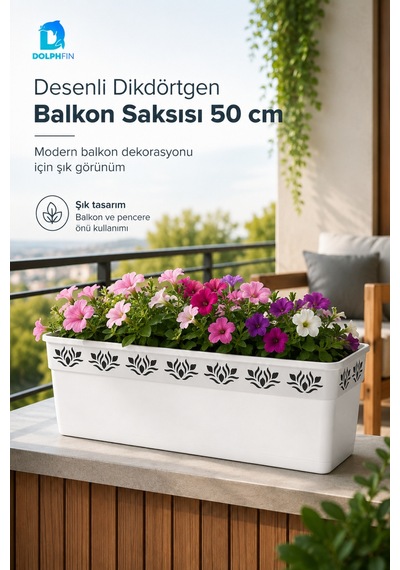 Desenli Dikdörtgen Balkon Saksısı 50 Cm 49x16x14,5 Cm Pp Plastik Çiçek Saksısı