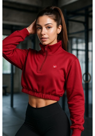 Kadın Fermuar Yaka Detaylı Crop Lastikli Rahat Kalıp Sweatshirt Kırmızı
