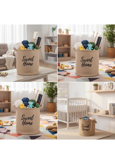 Deconox "sweet Home" Yuvarlak Jüt Düzenleyici Sepet Çap 32cm, Yükseklik 36cm Krem Renk Katlanabilir Kumaş Kul Diğer