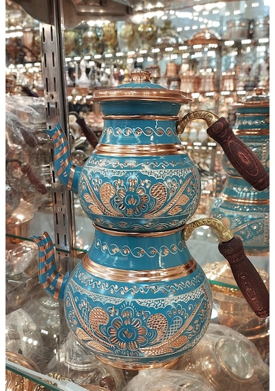 Bakır Çaydanlık El Işlemesi Çiçek Desenli Turkuaz Renk İşlemeli