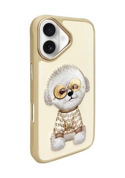Apple Uyumlu iPhone 16 Gerçek Nakış İşlemeli Gözlük Ve Zincir Aksesuarlı 3d Köpekli Kılıf Şeffaf