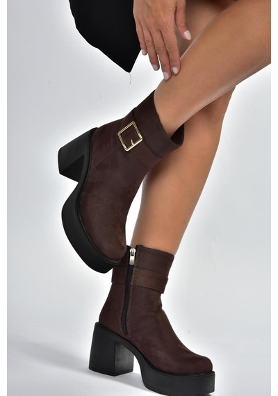 Fox Shoes V726446602 Kahverengi Süet Kalın Topuklu Kadın Bot Kahverengi-süet