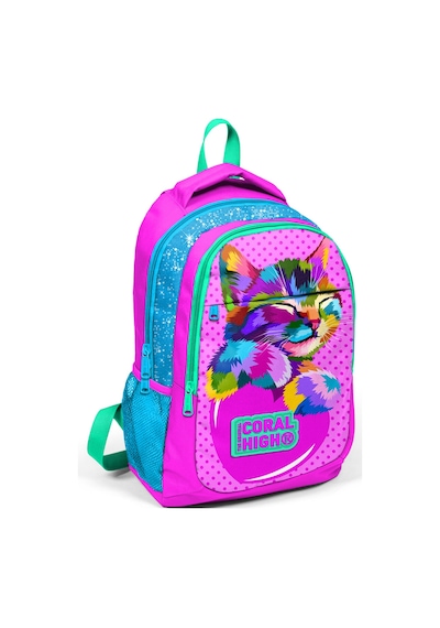Coral High Kids Pembe Mavi Simli Kedi Desenli Üç Bölmeli Okul Sırt Çantası  14387