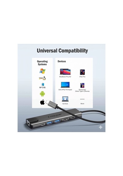 Lemorele Tc44 6 İn 1 Usb Type-c Hub Çoklayıcı, 4k 60hz Hdmı, Gigabit Ethernet, 100w Pd Şarj 2x Usb Çoğaltıcı