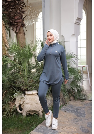 Mimi Luxury Wear Gri Kadın Fermuarlı Dalgıç Kumaş Standart Kalıp Jogger Eşofman Takımı 358