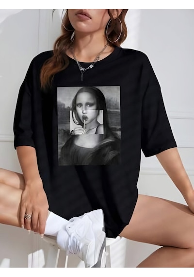 Startmore Monalisa Baskılı Tişört Siyah