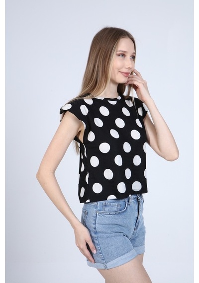 Neslice Kadın Puantiyeli Vatkalı T-Shirt Siyah