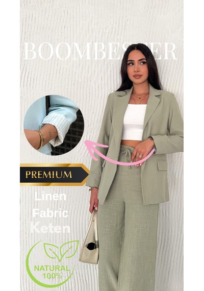 Boombester Kadın Flam Keten Astarlı Blazer Ceket Çizgili Astar Detay Rahat Kalıp İnce Ceket Haki Boombester Kadın Flam Keten Astarlı Blazer Ceket Çizgili Astar Detay Rahat Kalıp İnce Ceket Haki