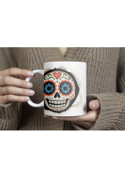 3d Görünümlü Etnik Kafatası Kupa Bardak Renkli Sugar Skull Day Of The Dead Tasarım - Kabartmasız Beyaz