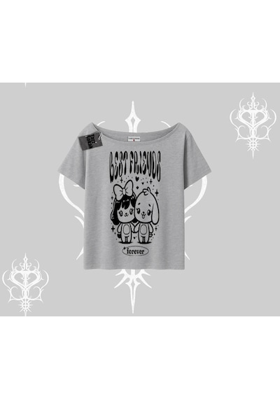 Tarzsokak Kayık Yaka Tshirt Best Friends Forever Baskılı Sevimli Tasarım Gri