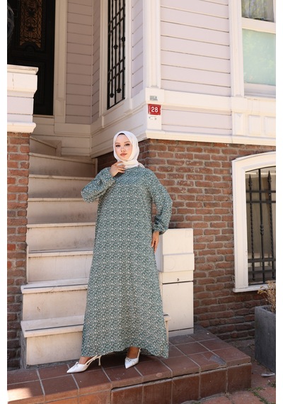 Nevayla Moda Çiçek Desenli Viskon Elbise - Yeşil / E0128 Yeşil