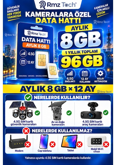 Rmztech 1 Yıllık Sım Kart Aylık 8 Gb İnternet Solar 4g Güvenlik Kameraları İçin