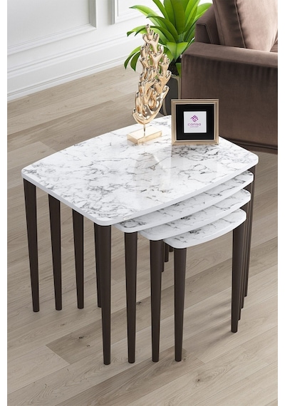 Canisa Concept Telwe Serisi Üst Kalite Mdf 4lü Zigon Sehpa Takımı Beyaz Mermer Desenli / Ceviz Tablalar Beyaz Mermer Desenli/ Ayaklar Ceviz