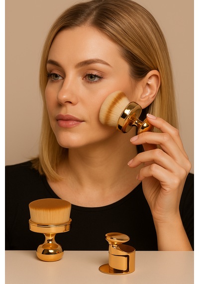 Lüks Touch Gold - Altın Renkli Metal Standlı Shine Brush Ergonomik Pudra Fırçası Makyajınızı Sanata Dönüştürün