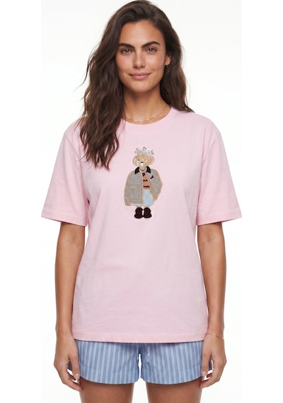 Onloox Kadın Pembe Pembe Pamuklu Bisiklet Yaka Relaxed Fit Köpek Nakışlı Taş İşlemeli Kısa Kollu T-shirt