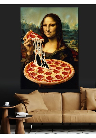 Pizza Yiyen Mona Lisa Portresi Dekoratif Kanvas - Mdf Ahşap Tablo