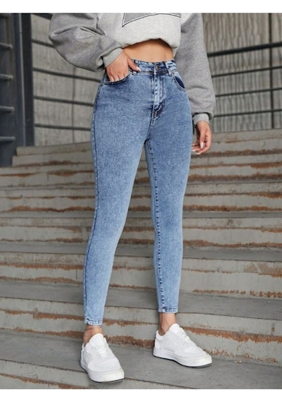 Yüksek Bel Mavi Kar Yıkama Skinny Dar Paça Jean Kadın Mavi