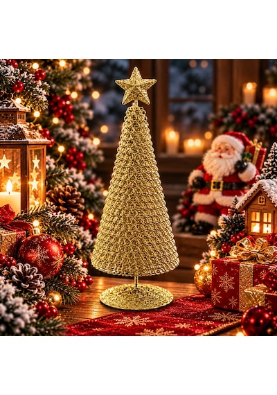 Vıp Tasarım Gold Metal 23 Cm Gold Yılbaşı Ağacı Metal Parlak Simli Gold Noel Ağacı Yılbaşı Çam Ağacı